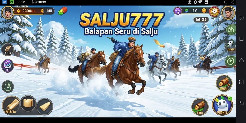 Tampilan gameplay SALJU777 dengan mobil balap di jalur bersalju.